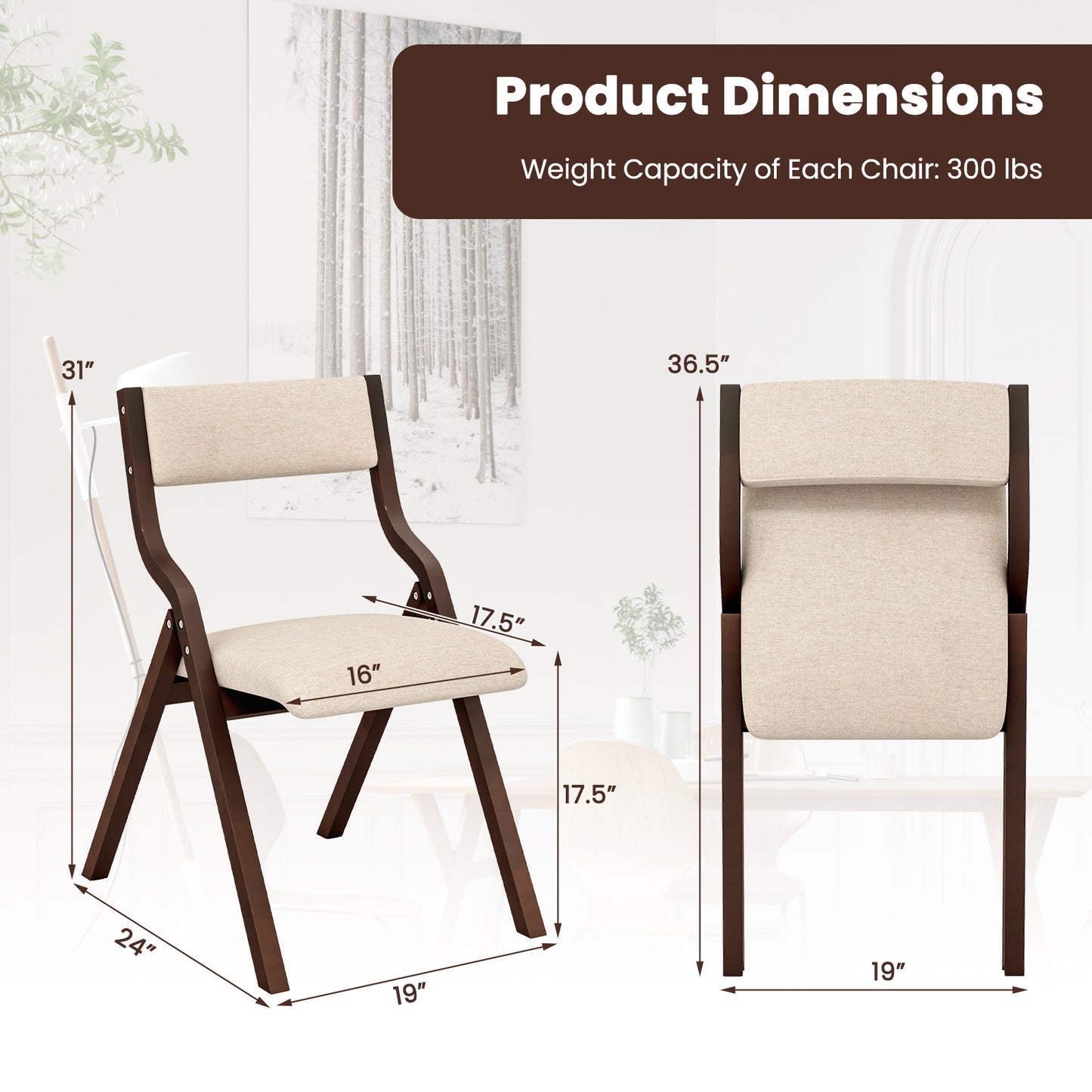 Folding Dining Chairs Set of 2 with Padded Linen Seats