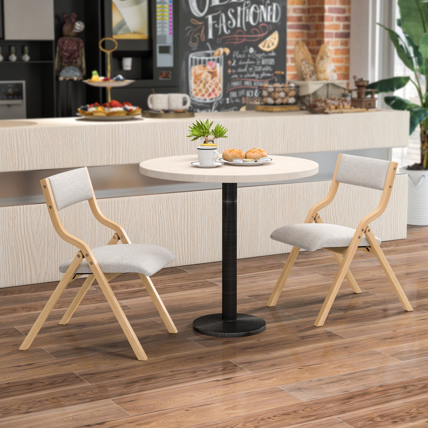 Folding Dining Chairs Set of 2 with Padded Linen Seats