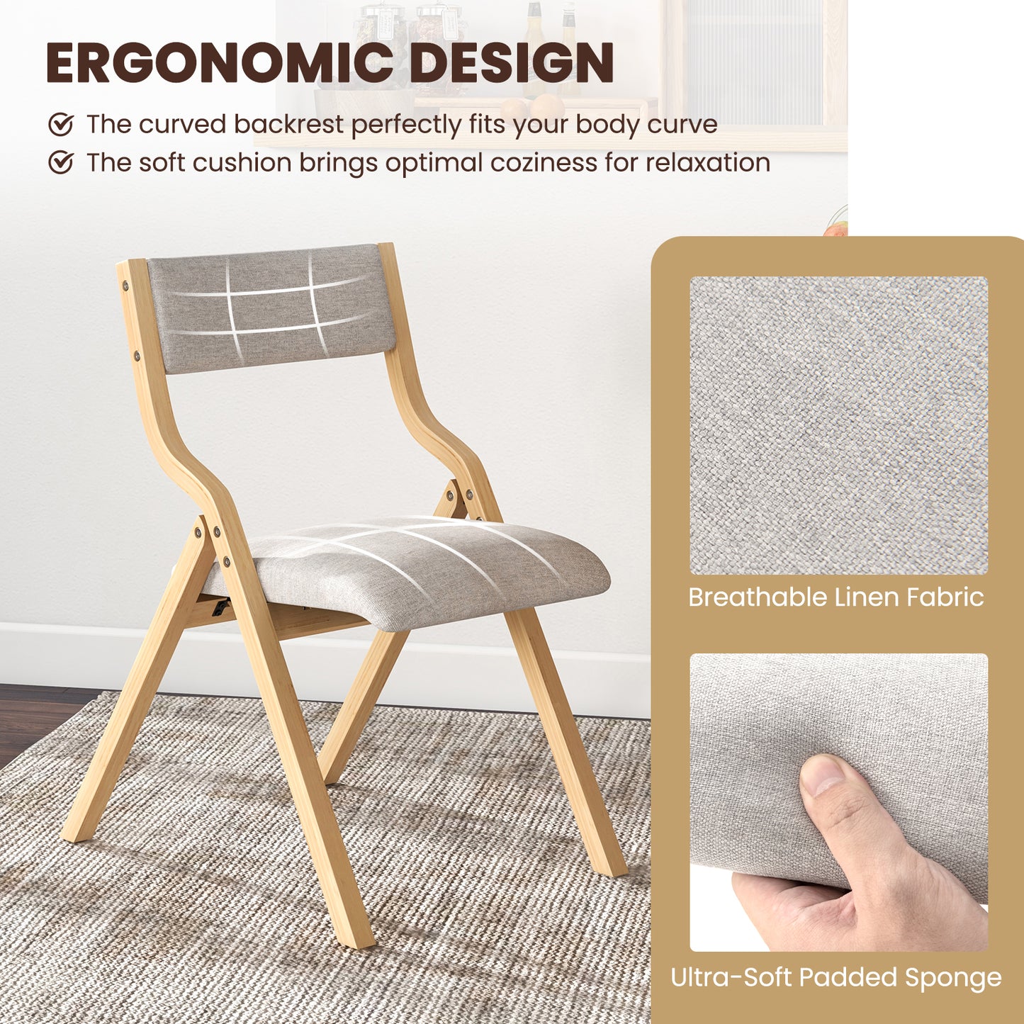 Folding Dining Chairs Set of 2 with Padded Linen Seats