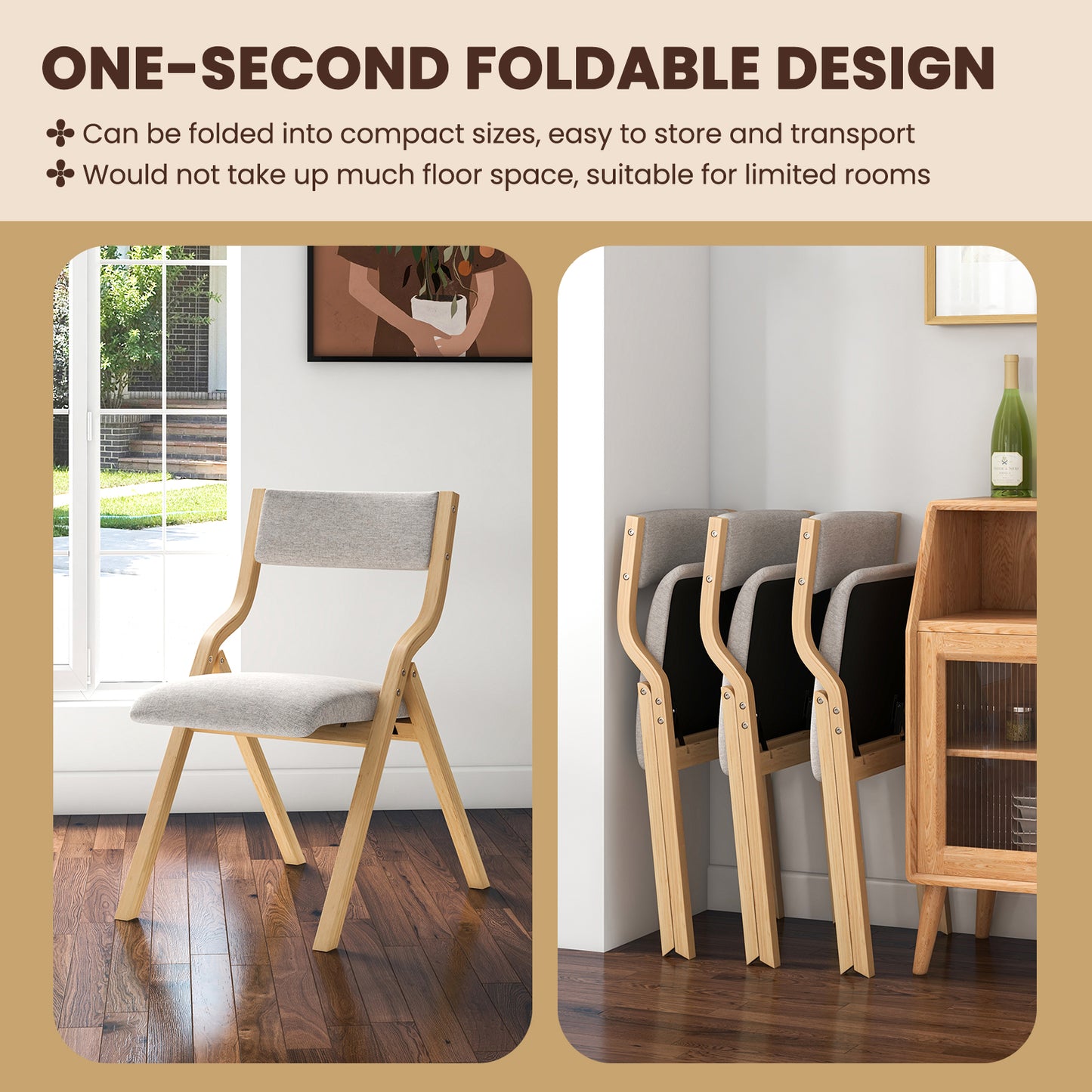 Folding Dining Chairs Set of 2 with Padded Linen Seats