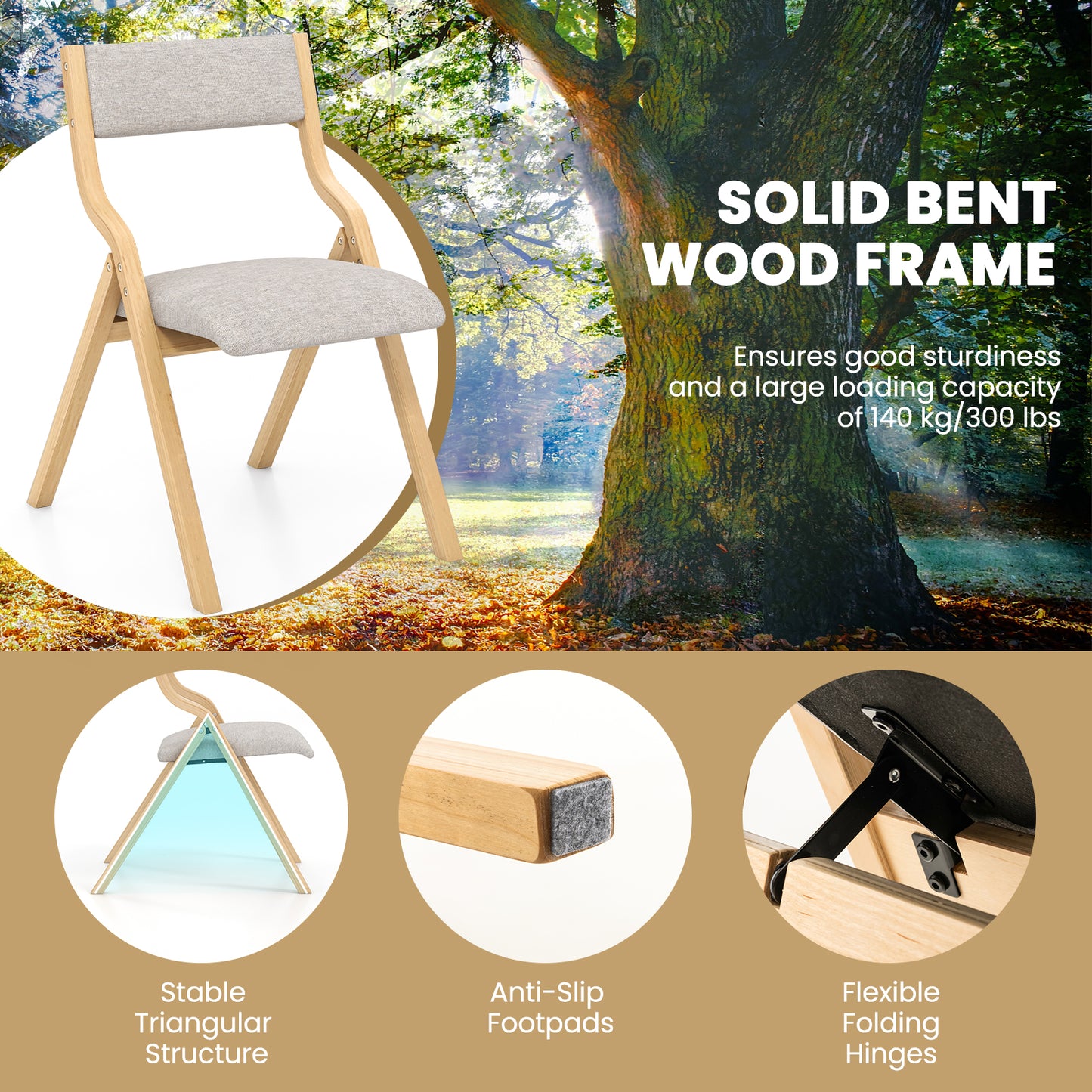 Folding Dining Chairs Set of 2 with Padded Linen Seats