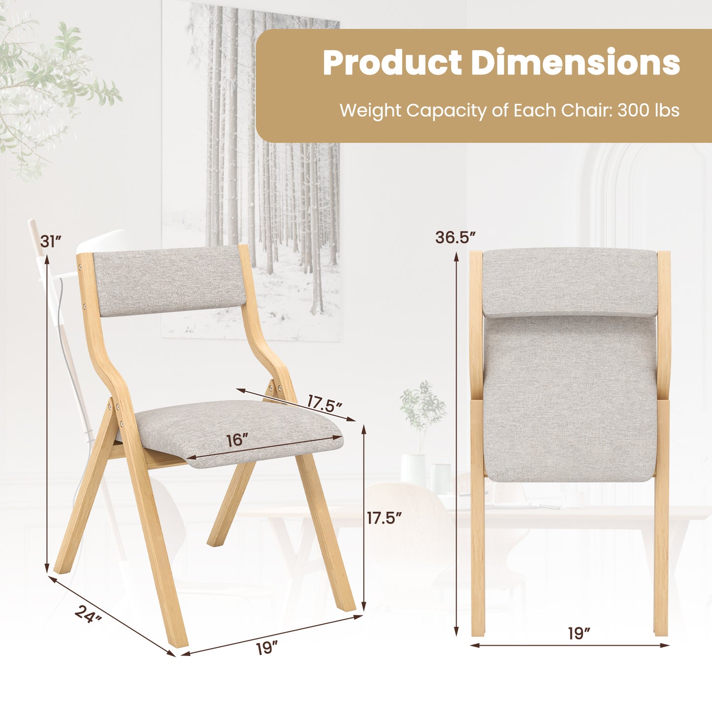 Folding Dining Chairs Set of 2 with Padded Linen Seats