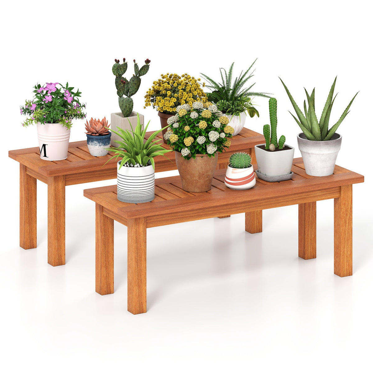 Wooden Plant Stand Set of 2 - Solid Shorea Hardwood