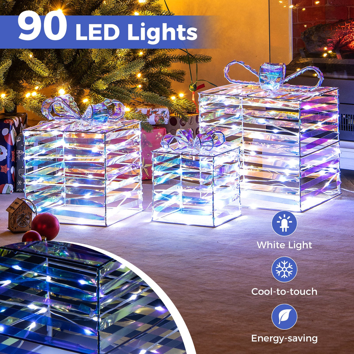 Set of 3 Christmas Lighted Gift Boxes with Bows and Plug