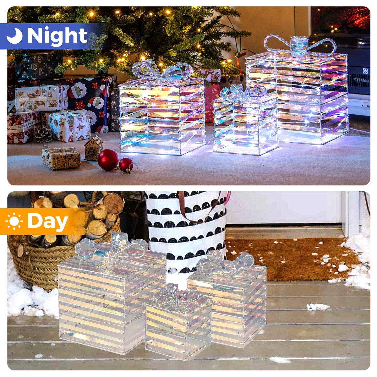 Set of 3 Christmas Lighted Gift Boxes with Bows and Plug