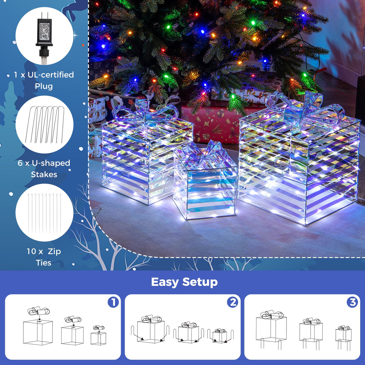 Set of 3 Christmas Lighted Gift Boxes with Bows and Plug