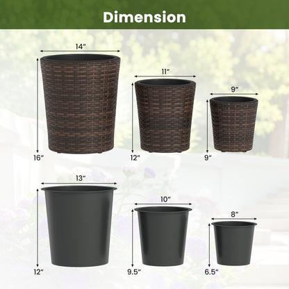 Plastic Rattan Planters Set of 3 with Drainage and Saucers