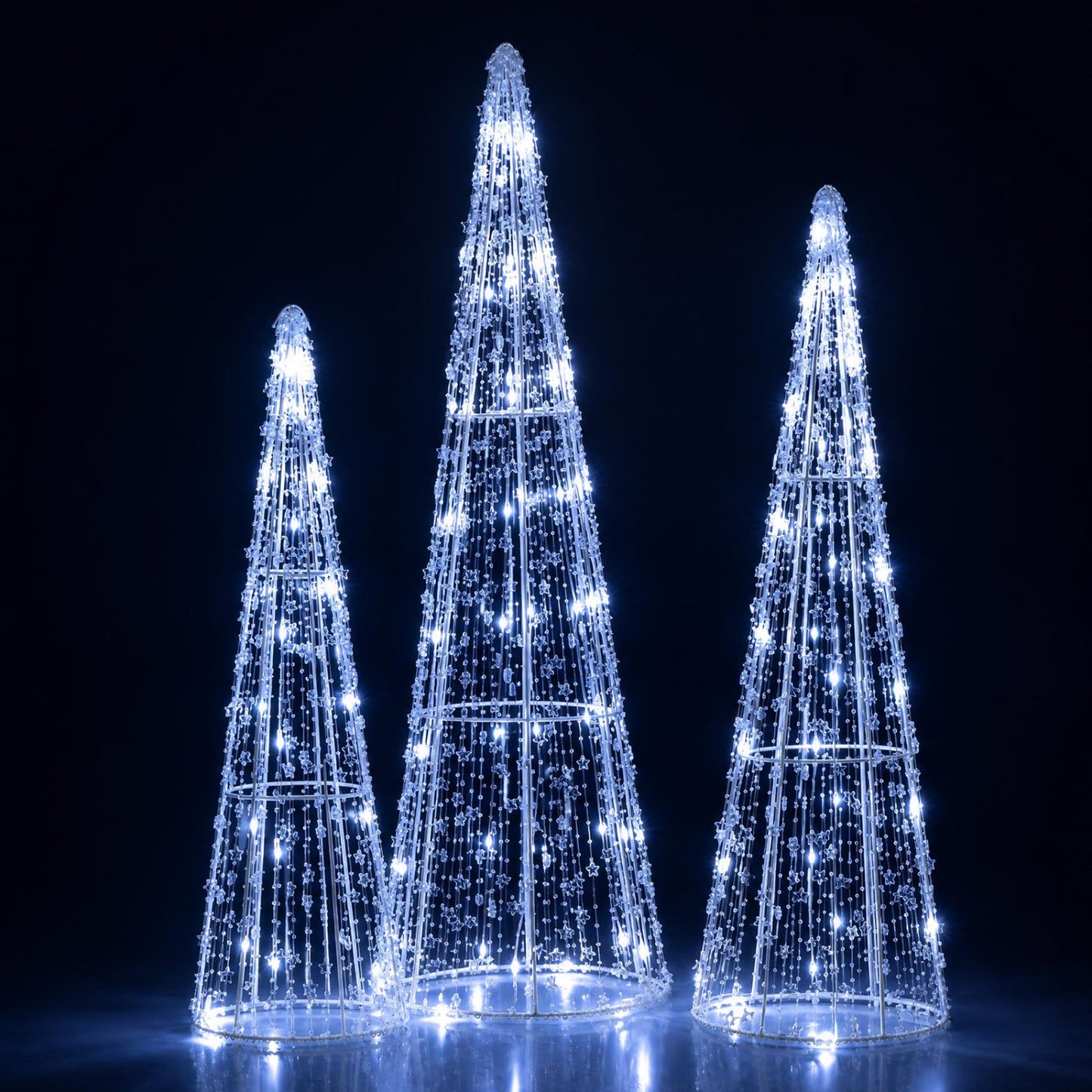 Pre-Lit Christmas Cone Trees Set of 3 with Cold White Lights
