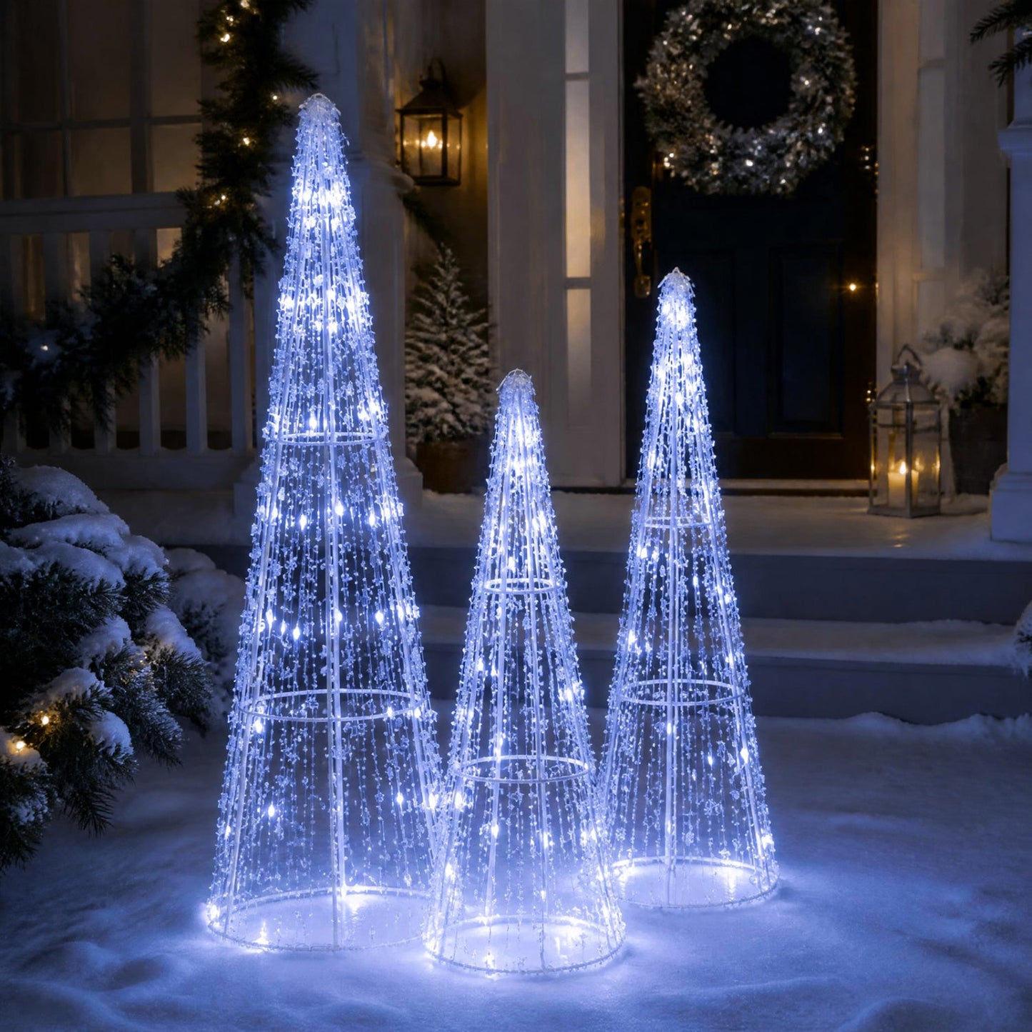 Pre-Lit Christmas Cone Trees Set of 3 with Cold White Lights
