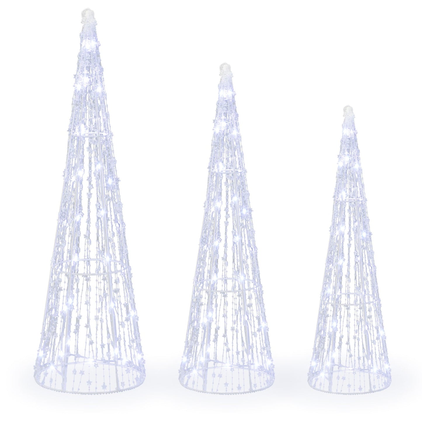 Pre-Lit Christmas Cone Trees Set of 3 with Cold White Lights