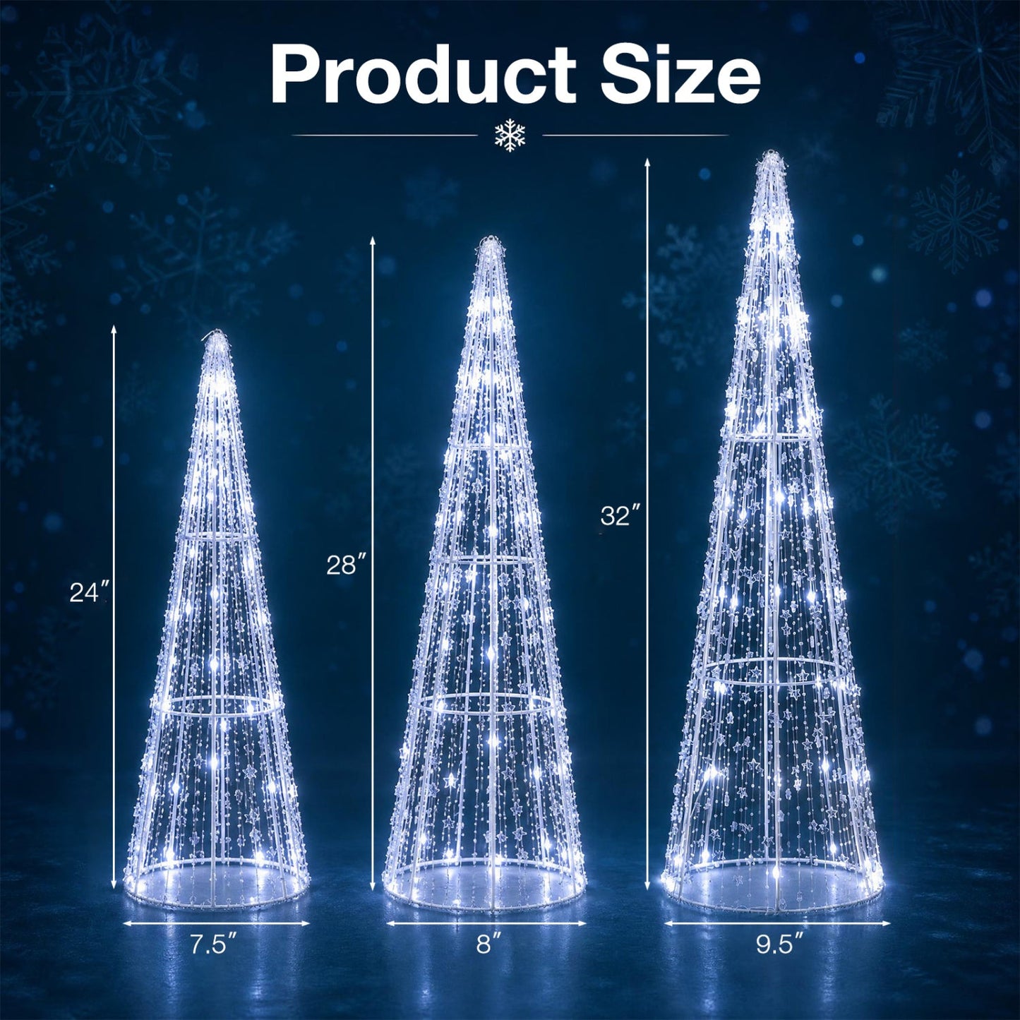 Pre-Lit Christmas Cone Trees Set of 3 with Cold White Lights