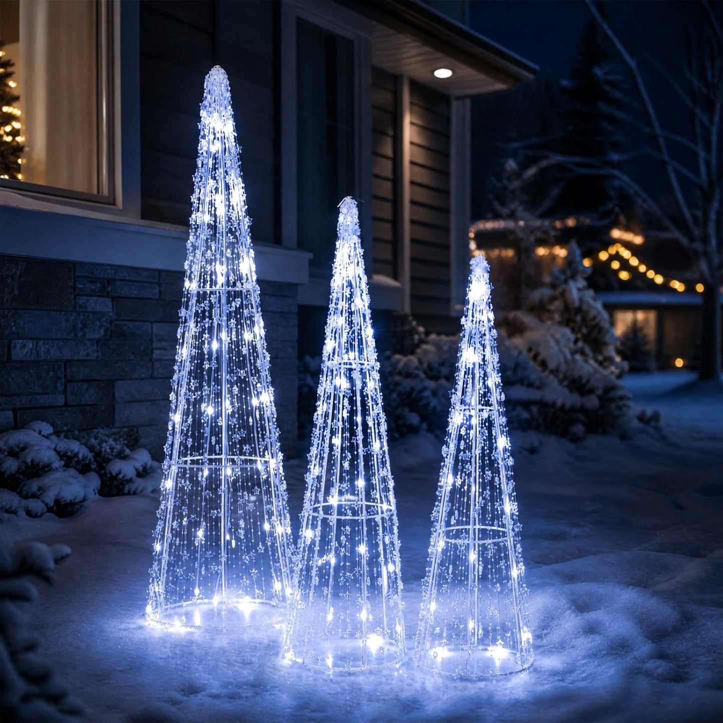 Pre-Lit Christmas Cone Trees Set of 3 with Cold White Lights