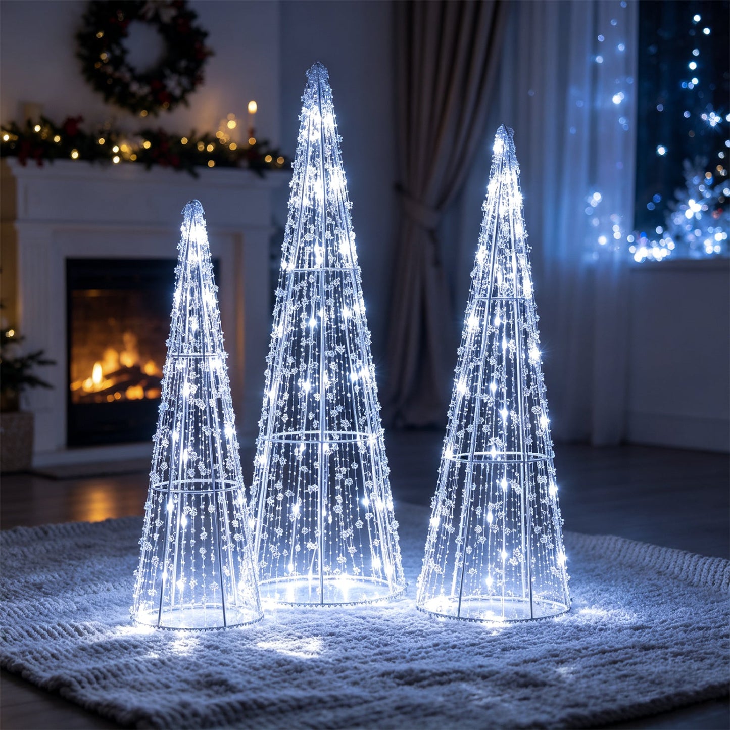 Pre-Lit Christmas Cone Trees Set of 3 with Cold White Lights