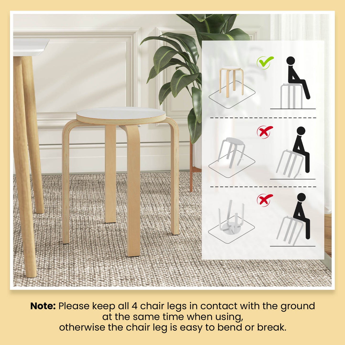 18-Inch Backless Wooden Dining Chairs - Set of 4