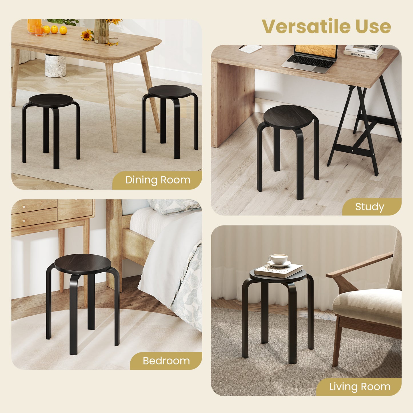 18-Inch Backless Wooden Dining Chairs - Set of 4
