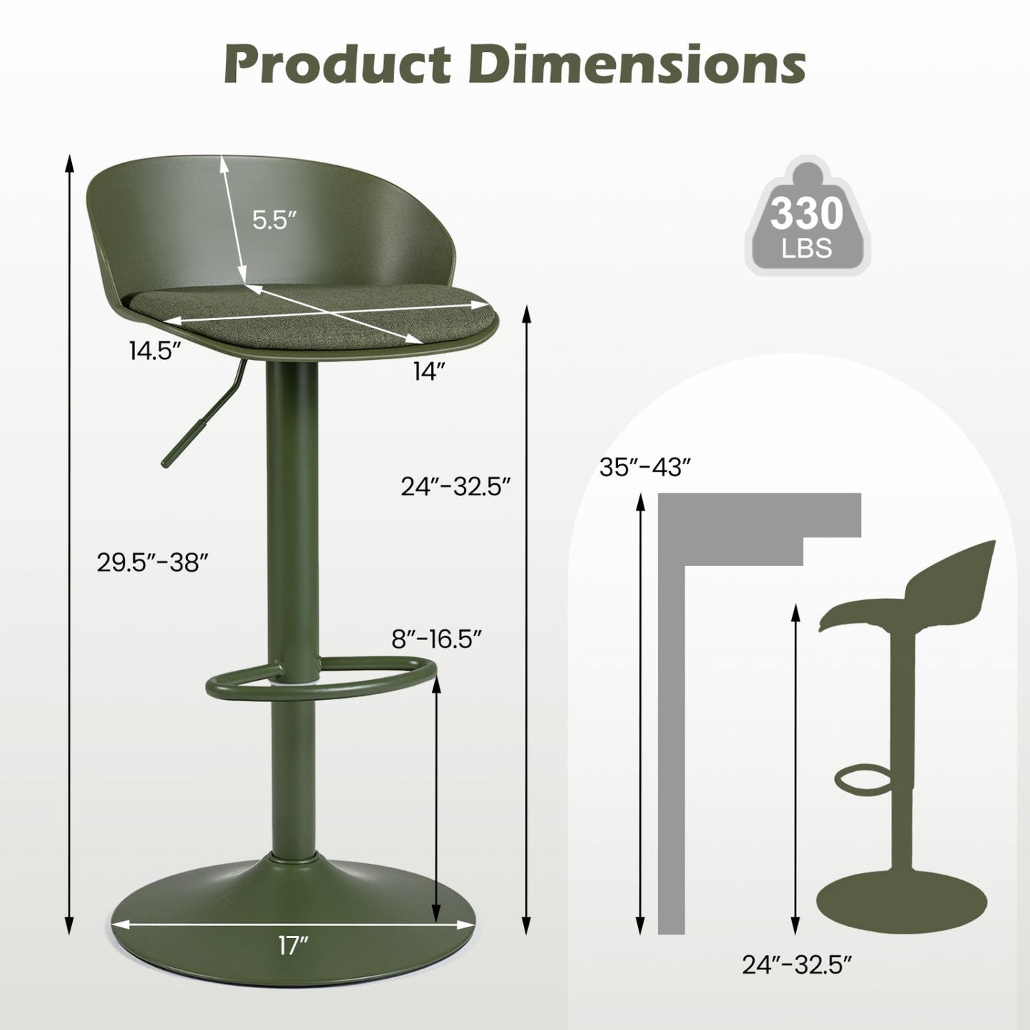 Adjustable Swivel Bar Stools Set of 4 with Back & Footrest
