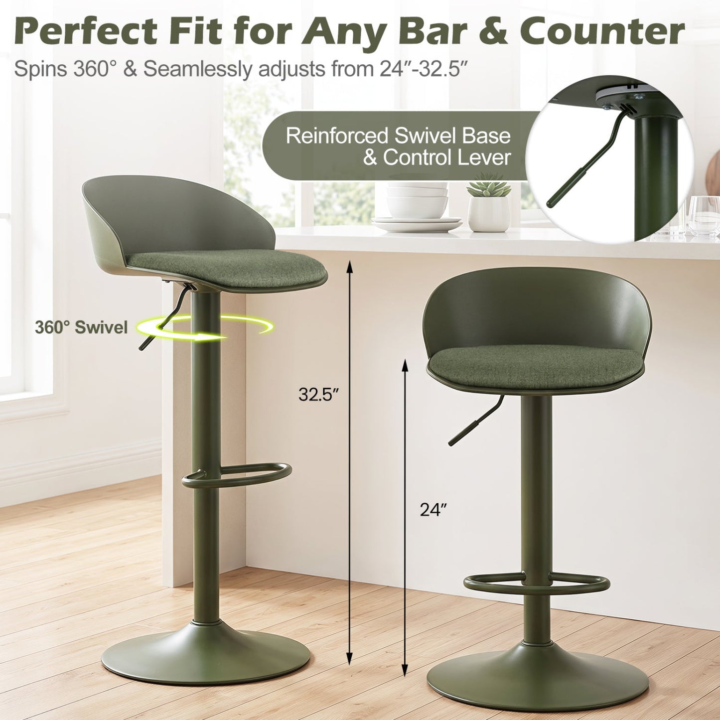 Adjustable Swivel Bar Stools Set of 4 with Back & Footrest