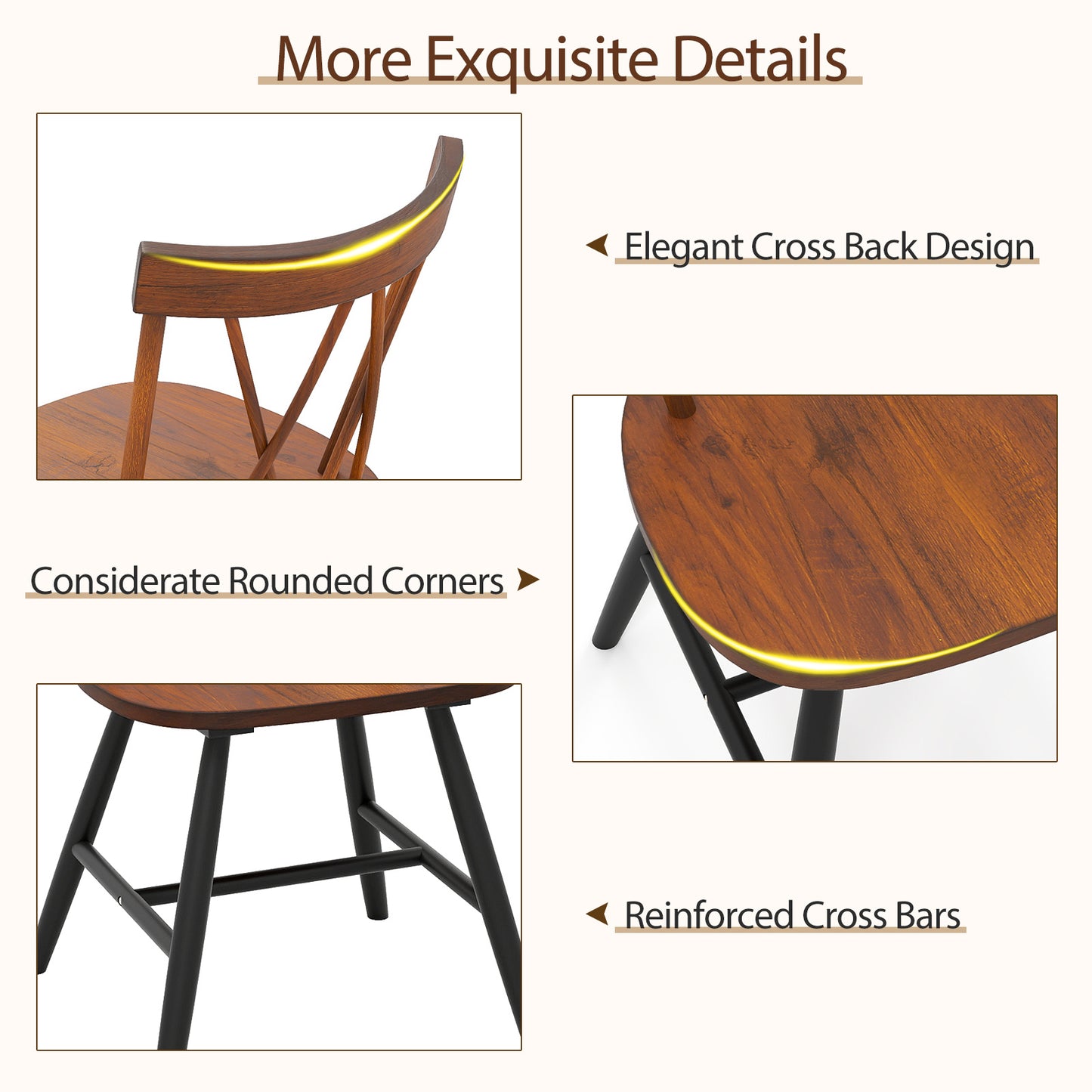 Dining Chairs Set of 4 with Curved Cross Back and Rubber Wood