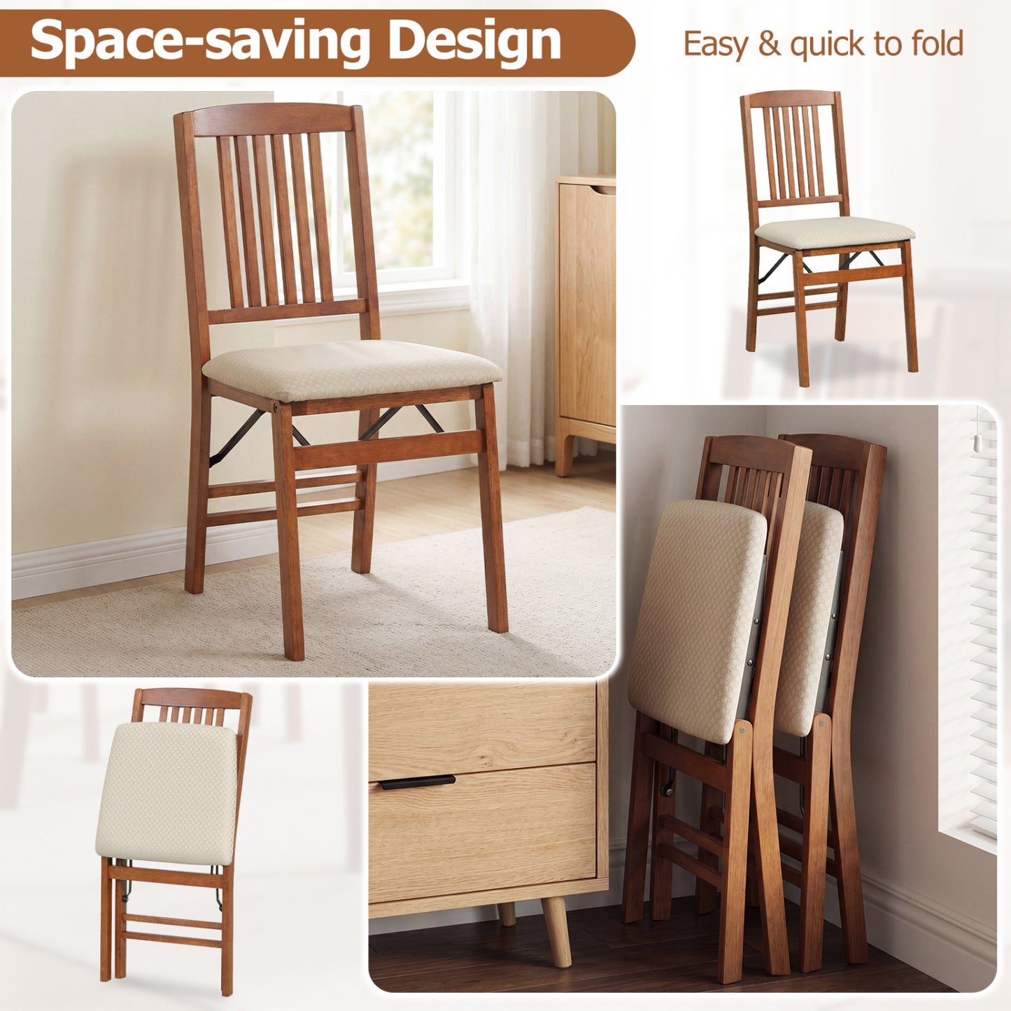 Foldable Upholstered Dining Chairs Set of 4 with Padded Seats