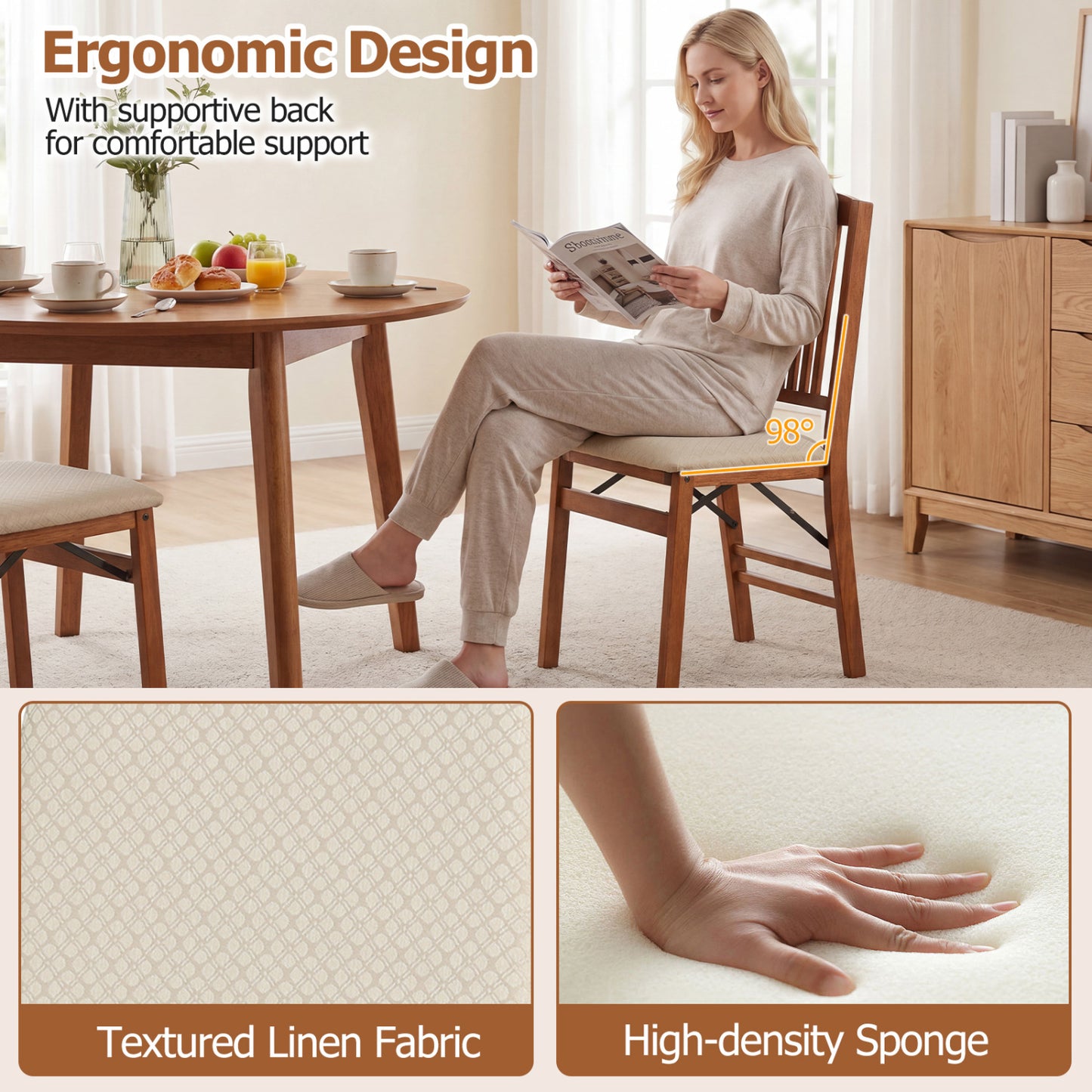Foldable Upholstered Dining Chairs Set of 4 with Padded Seats