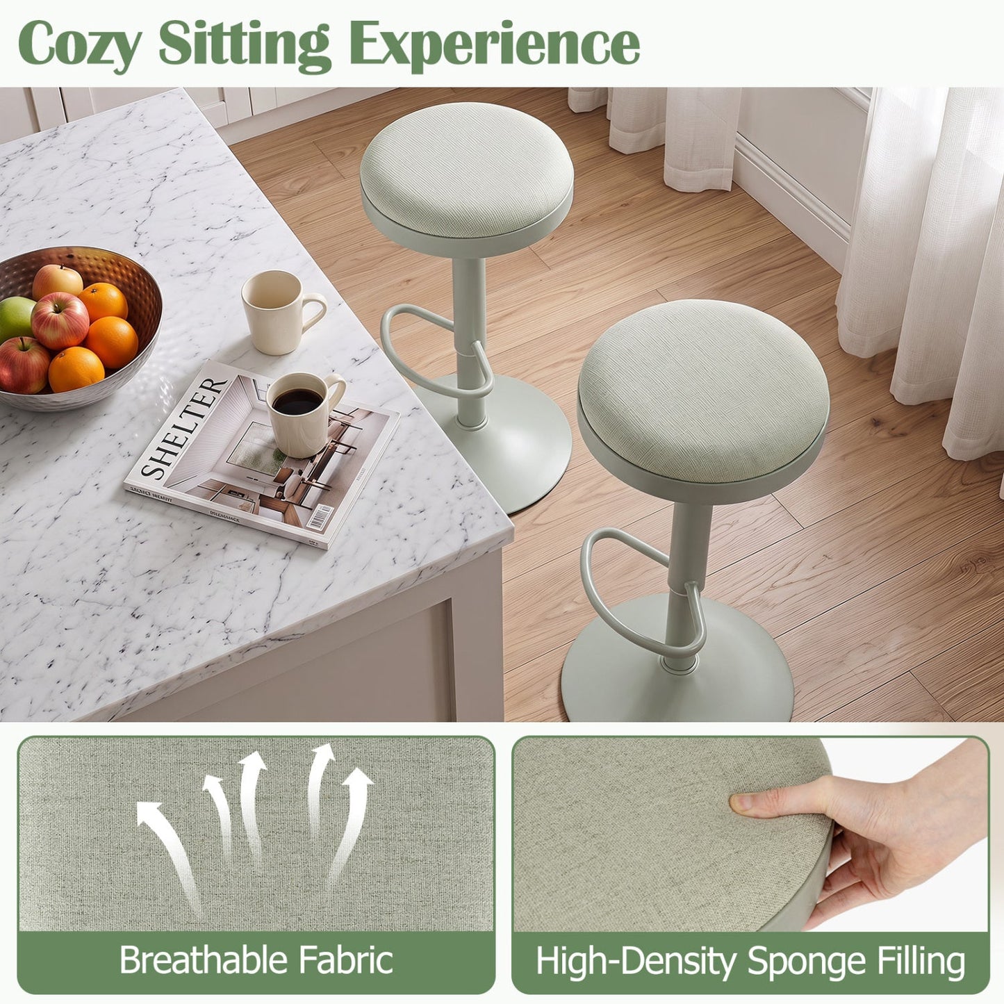 Adjustable Swivel Bar Stools Set of 4 with Padded Seats