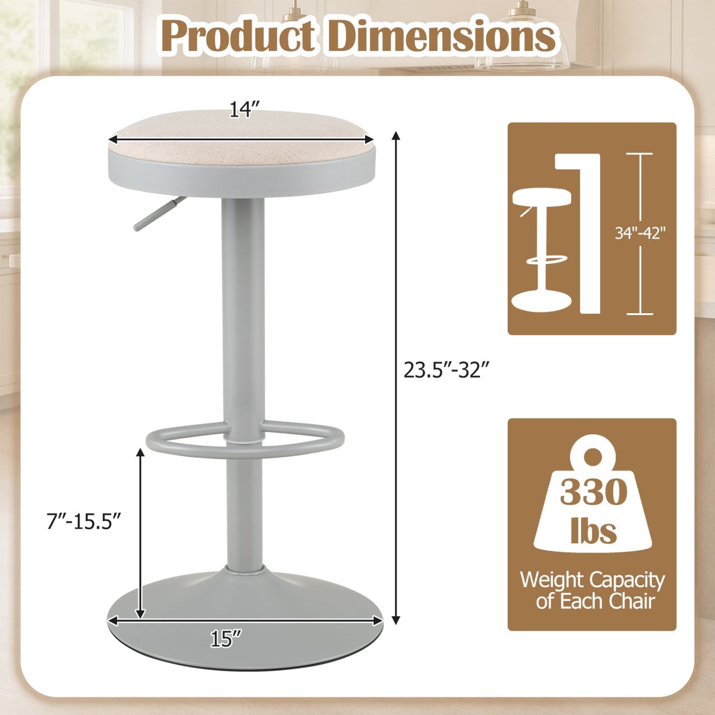 Adjustable Swivel Bar Stools Set of 4 with Padded Seats