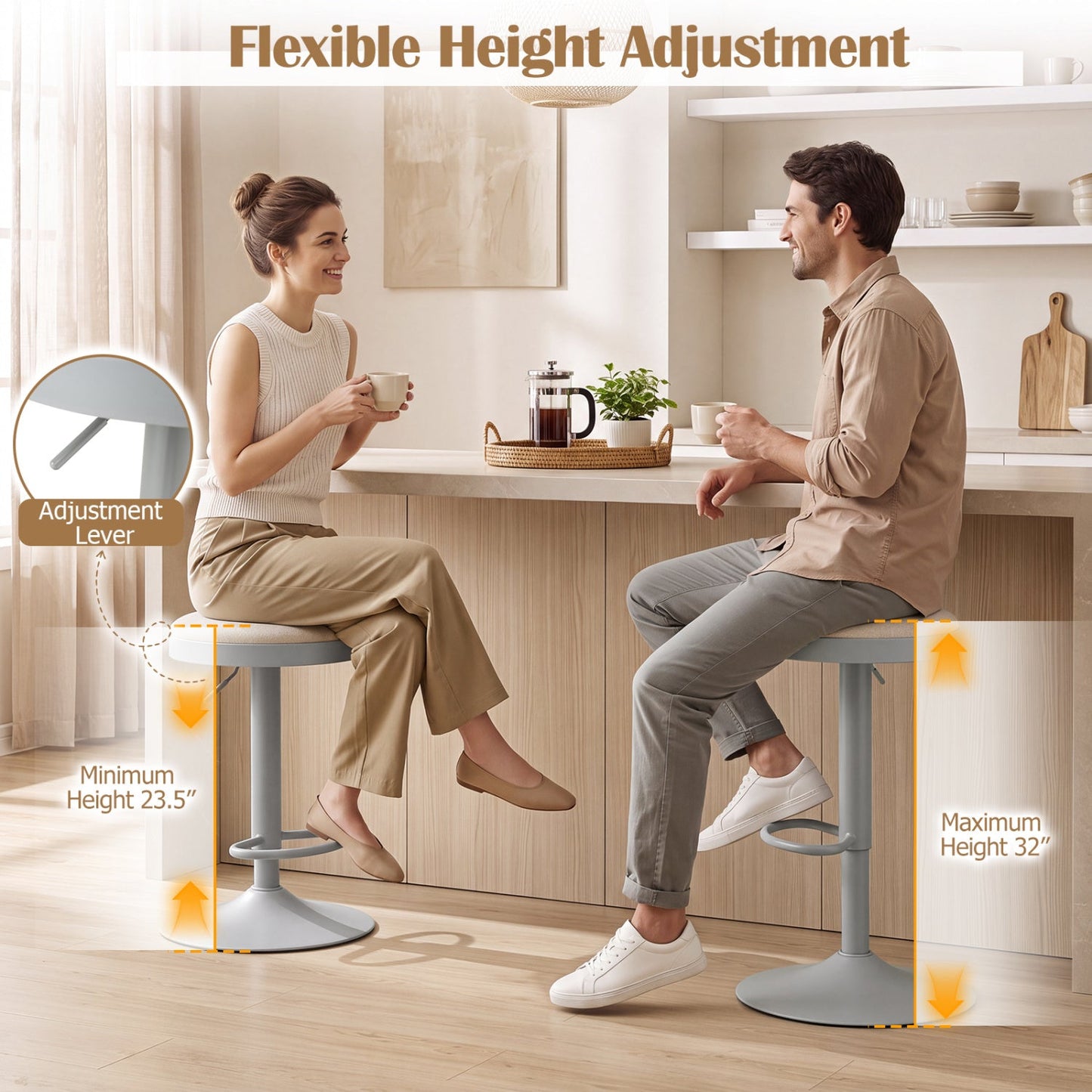Adjustable Swivel Bar Stools Set of 4 with Padded Seats