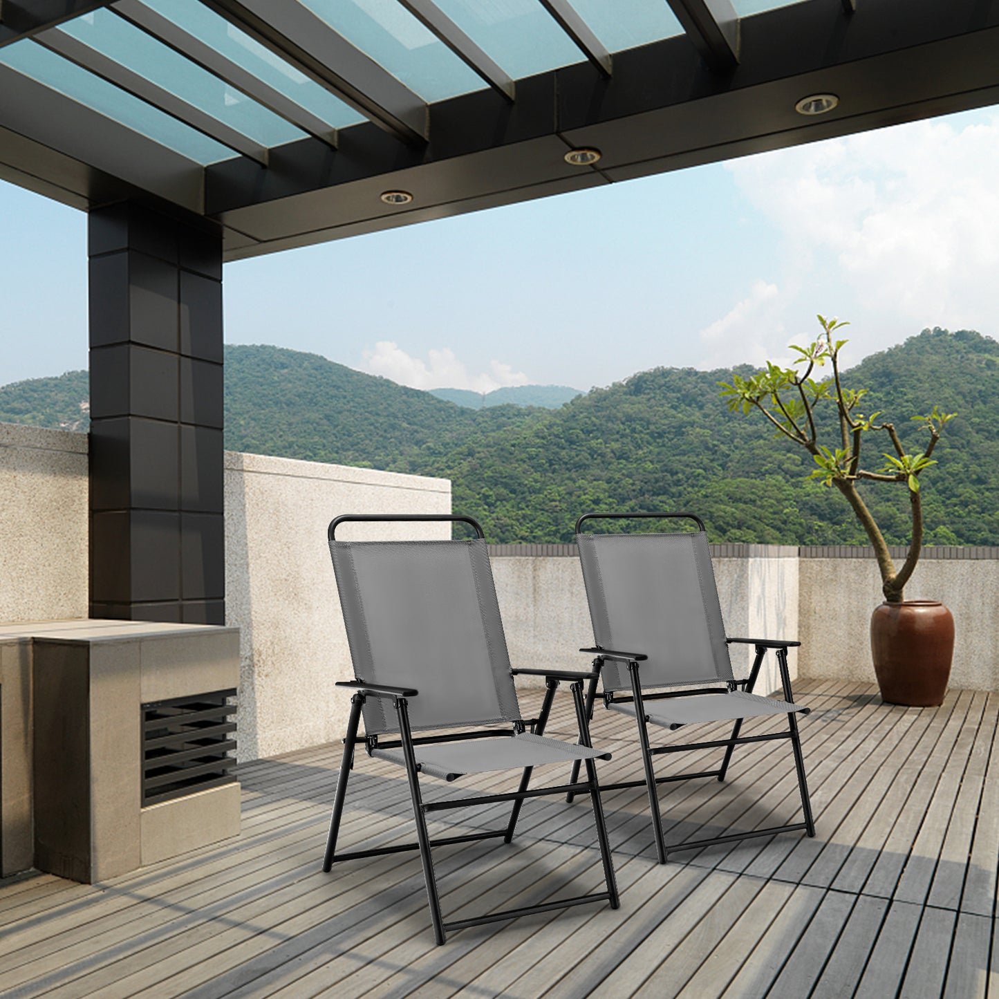 Folding Sling Patio Dining Chairs Set of 4 with Armrests
