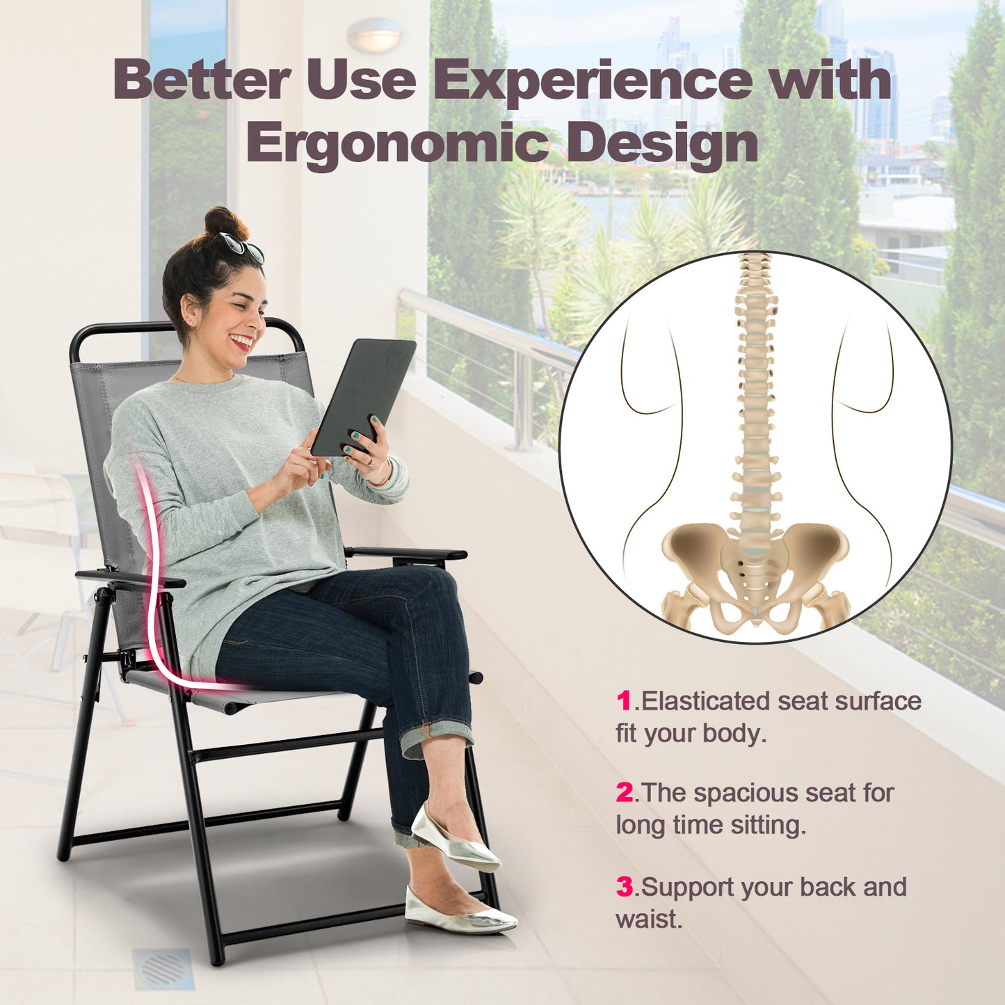 Folding Sling Patio Dining Chairs Set of 4 with Armrests