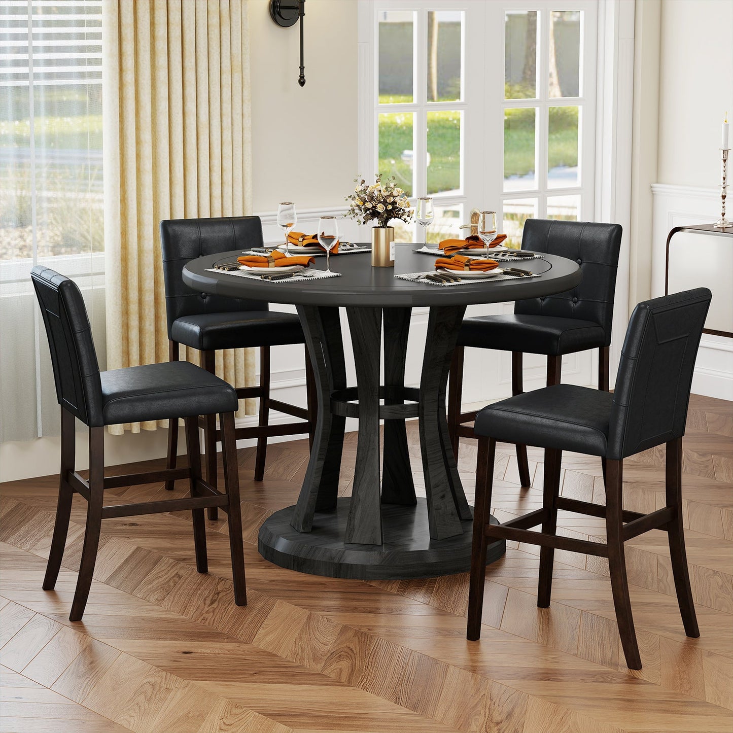 Set of 4 PVC Dining Leather Bar Stools with Solid Wood Legs