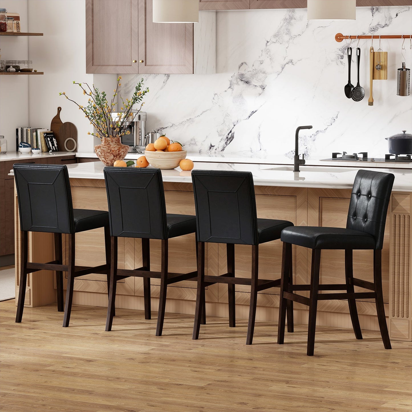 Set of 4 PVC Dining Leather Bar Stools with Solid Wood Legs