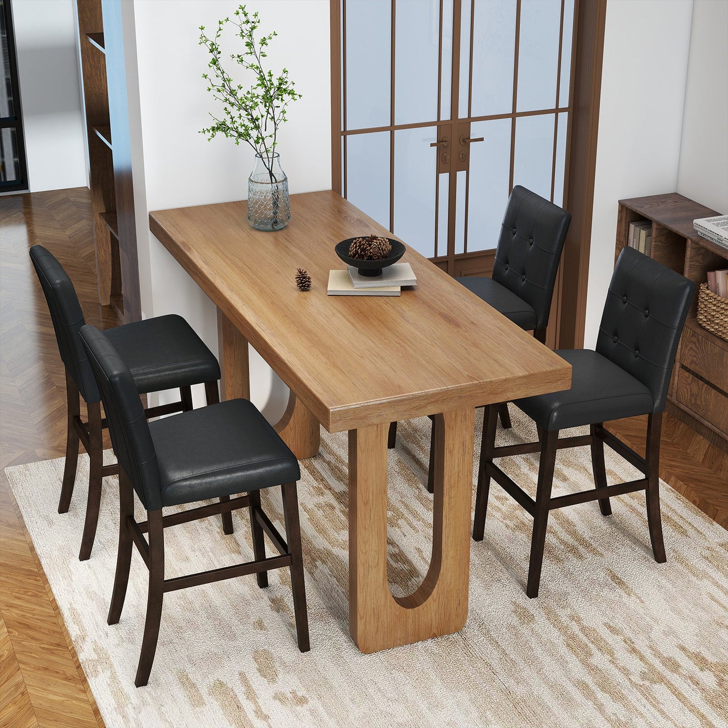 Set of 4 PVC Dining Leather Bar Stools with Solid Wood Legs