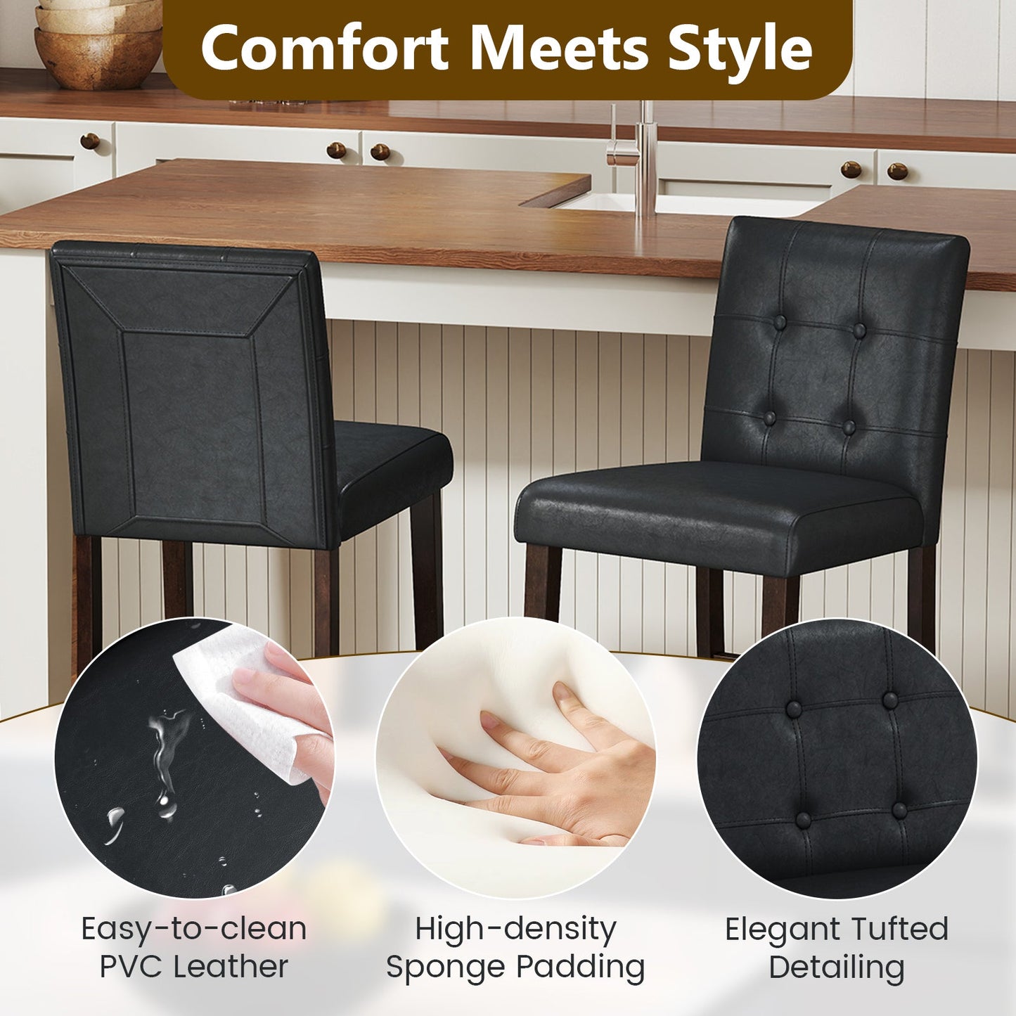 Set of 4 PVC Dining Leather Bar Stools with Solid Wood Legs
