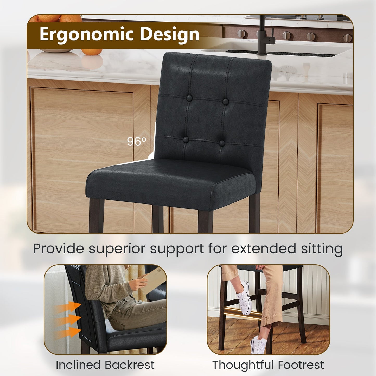 Set of 4 PVC Dining Leather Bar Stools with Solid Wood Legs