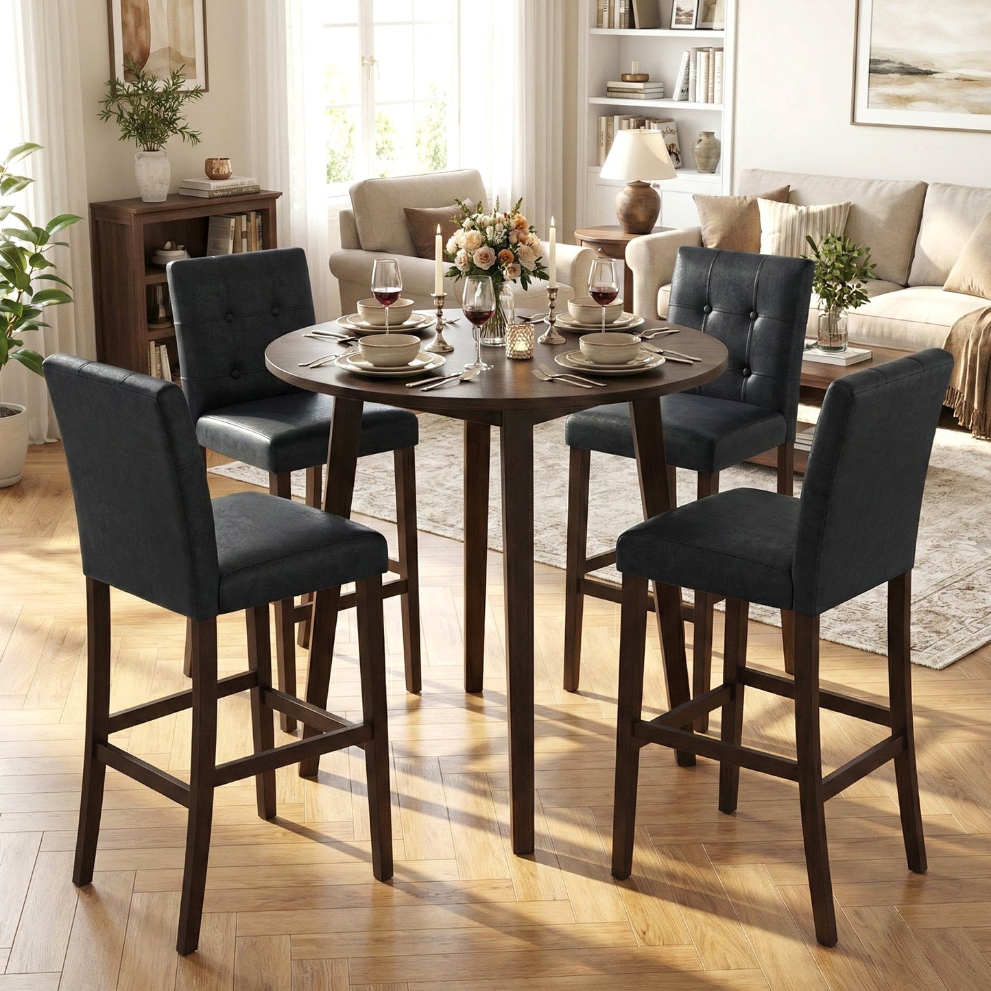 Set of 4 PVC Dining Leather Bar Stools with Solid Wood Legs