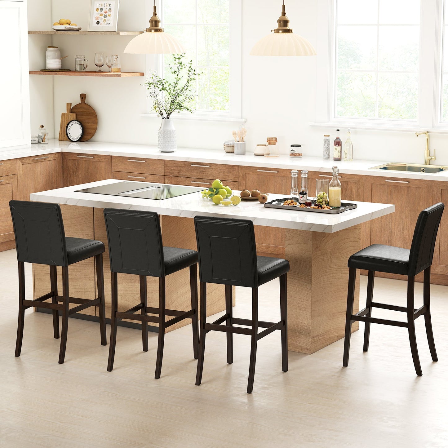 Set of 4 PVC Dining Leather Bar Stools with Solid Wood Legs