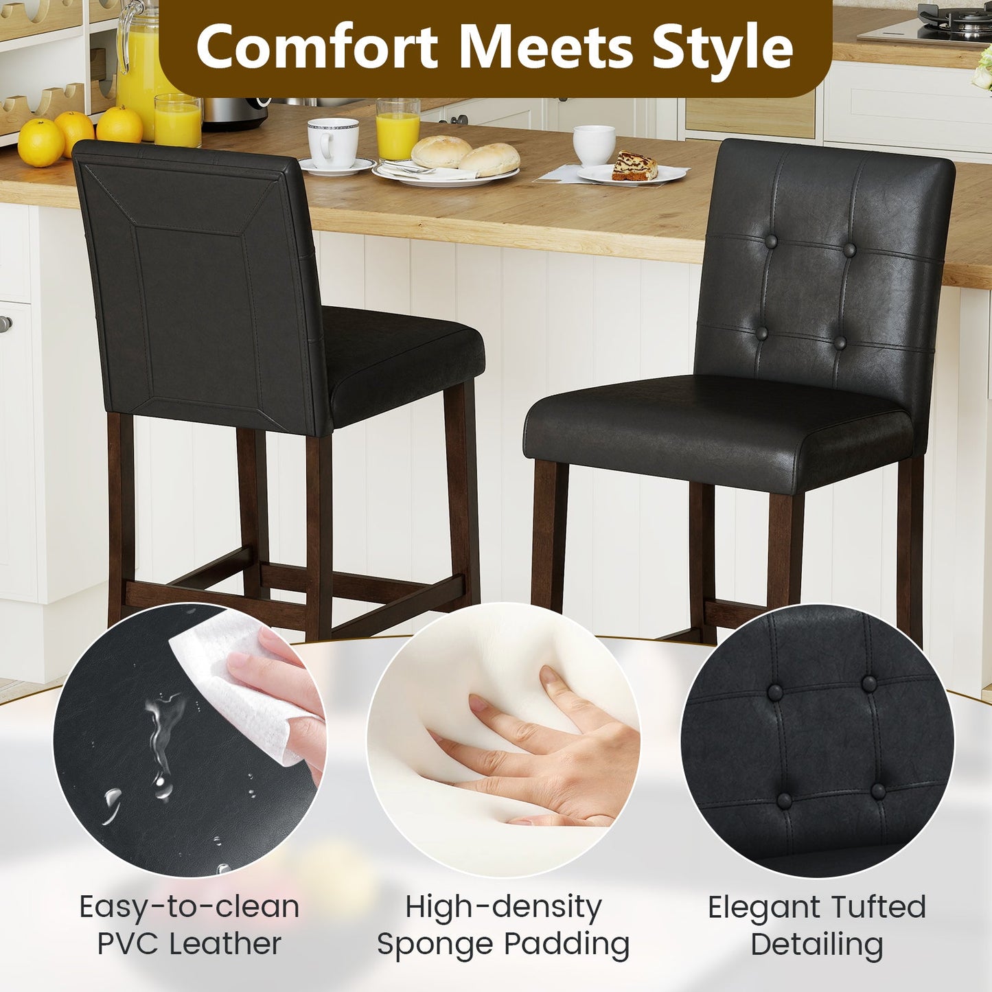 Set of 4 PVC Dining Leather Bar Stools with Solid Wood Legs