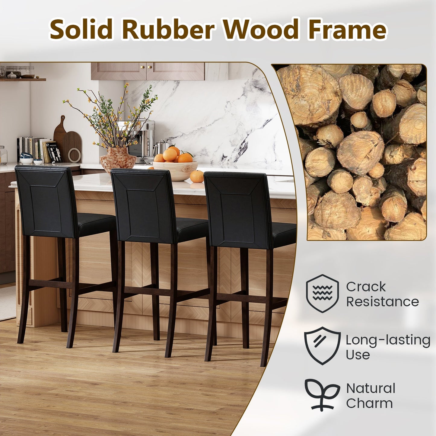 Set of 4 PVC Dining Leather Bar Stools with Solid Wood Legs