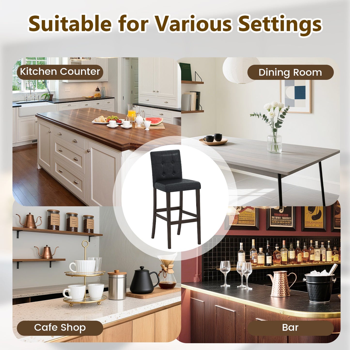 Set of 4 PVC Dining Leather Bar Stools with Solid Wood Legs