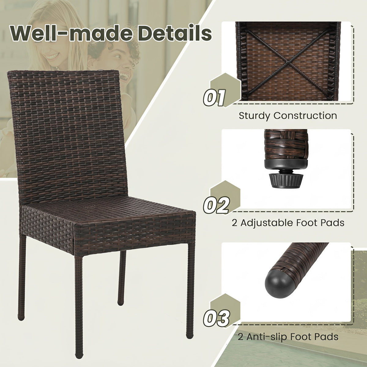 Patio Rattan Dining Chairs Set of 4 with Cushions