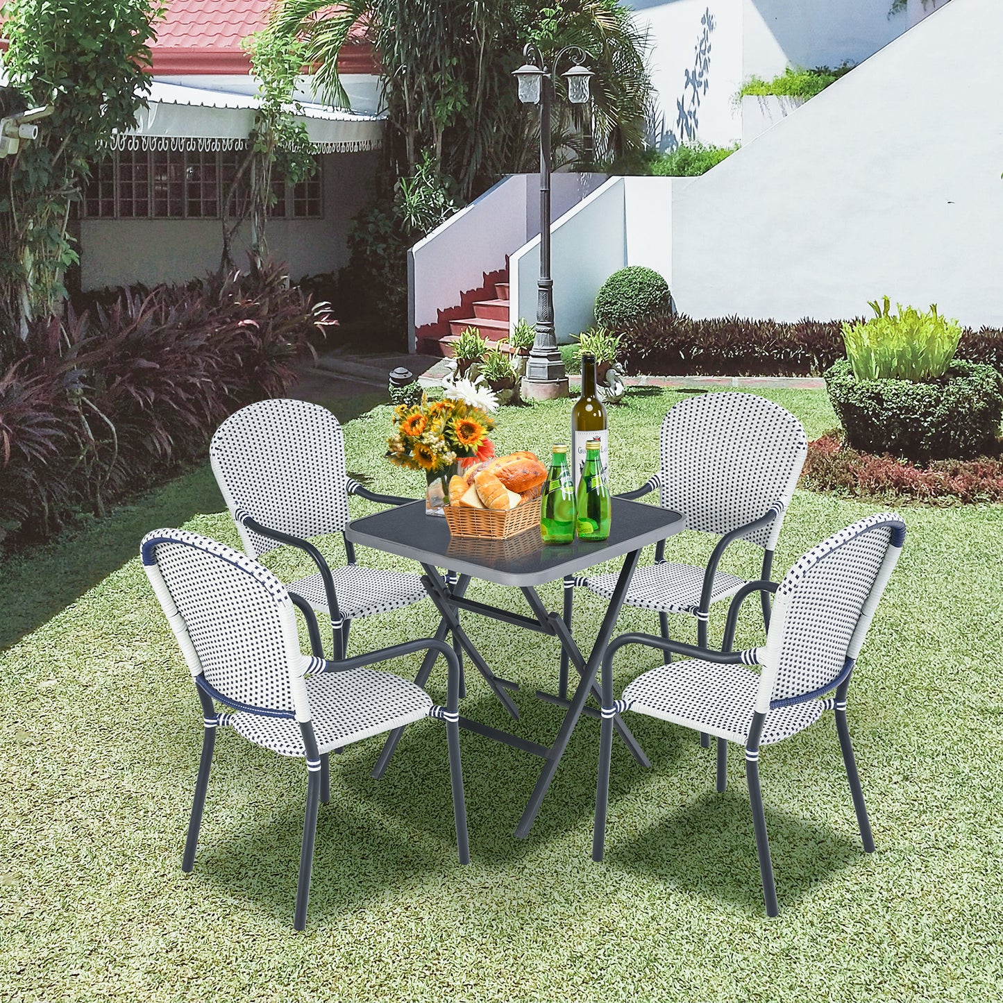 Stackable Patio Dining Chairs Set of 4 with Armrests White