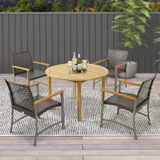 Patio Rattan Dining Chairs with Acacia Wood Armrests, Set of 4