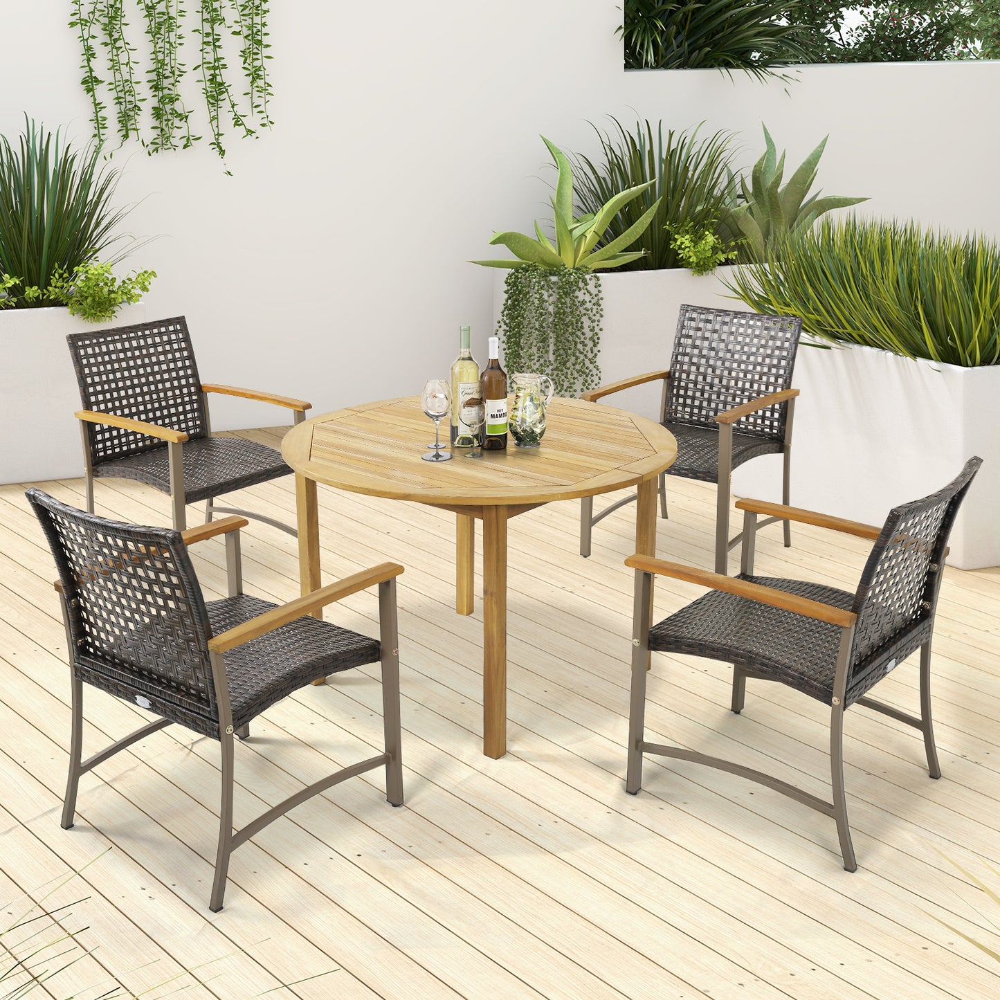 Patio Rattan Dining Chairs with Acacia Wood Armrests, Set of 4