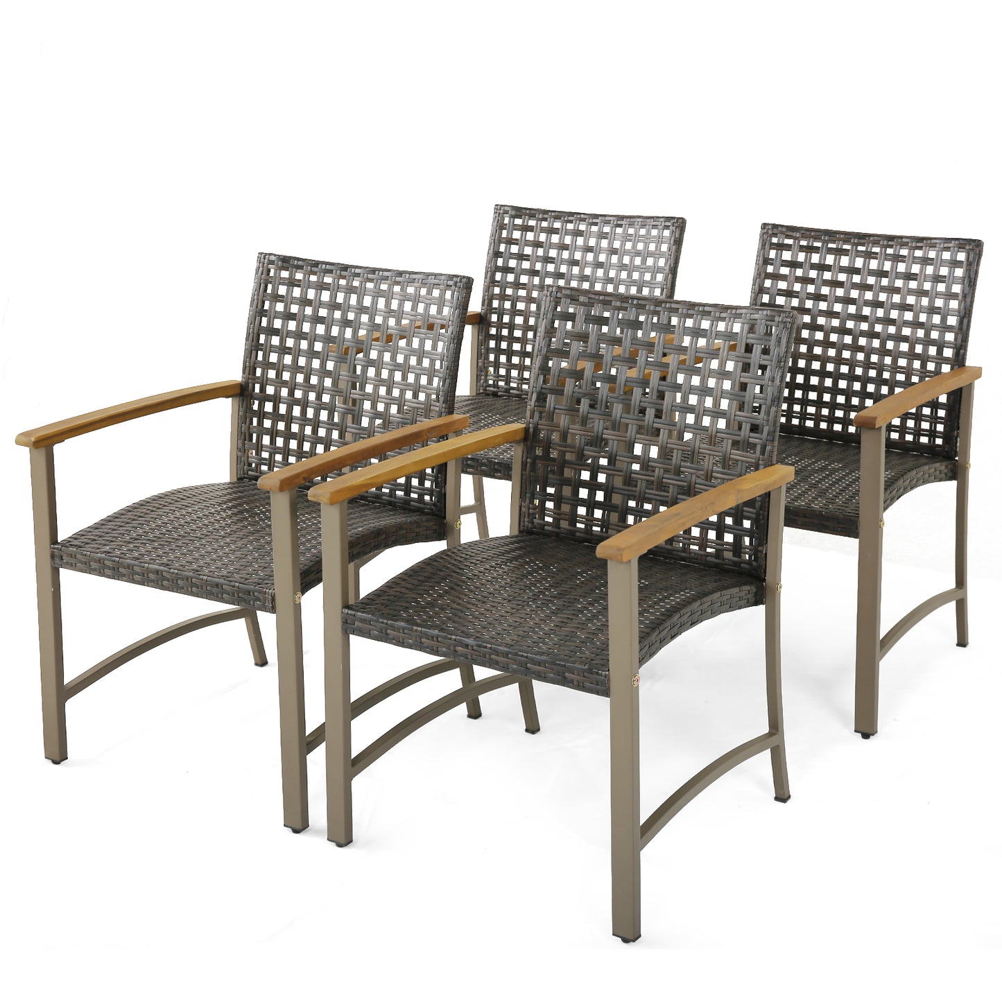 Patio Rattan Dining Chairs with Acacia Wood Armrests, Set of 4
