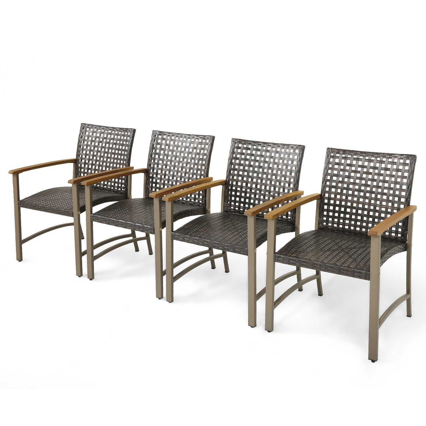 Patio Rattan Dining Chairs with Acacia Wood Armrests, Set of 4