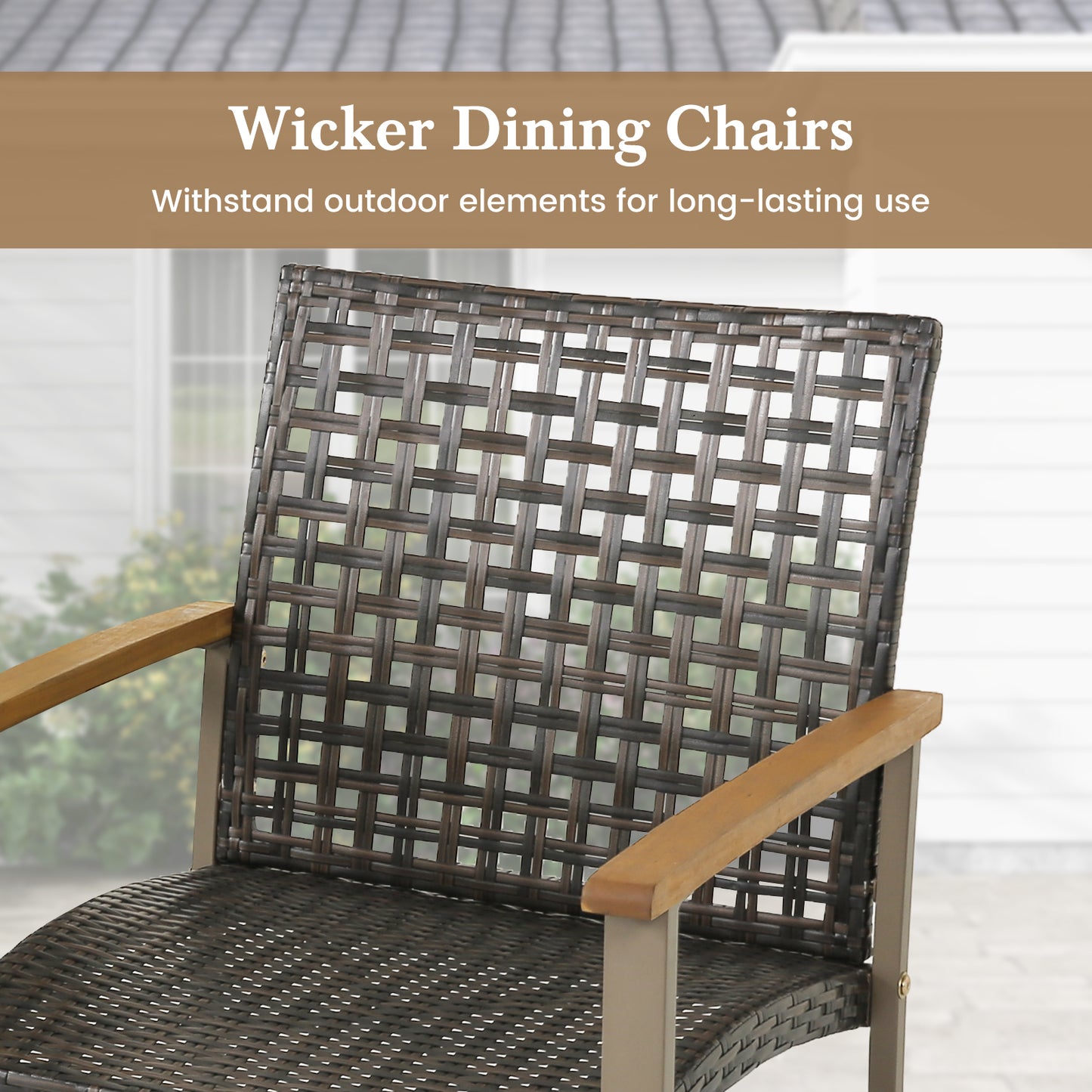 Patio Rattan Dining Chairs with Acacia Wood Armrests, Set of 4