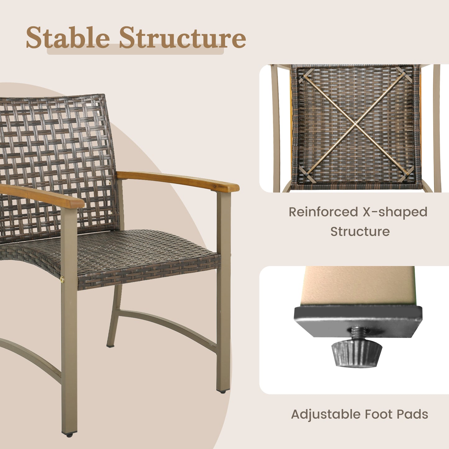 Patio Rattan Dining Chairs with Acacia Wood Armrests, Set of 4