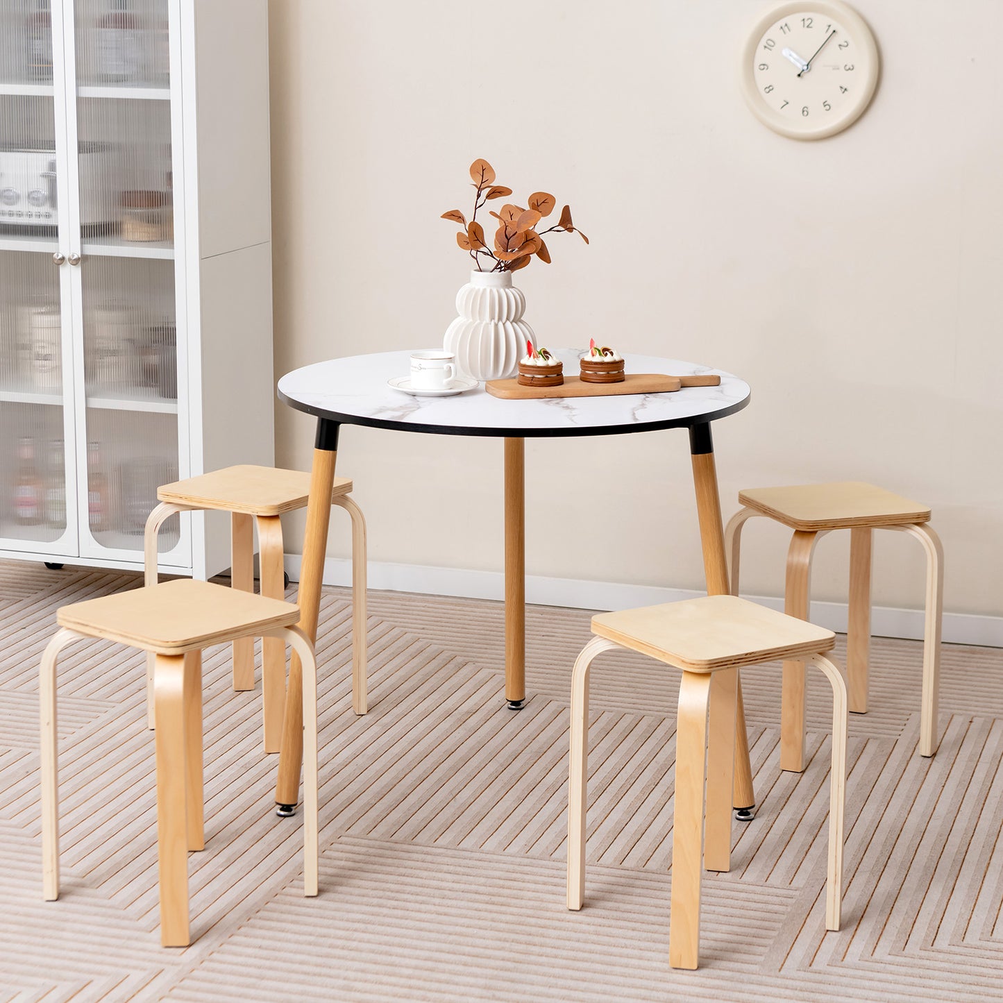 Square Wooden Stools Set of 4 with Anti-Slip Pads