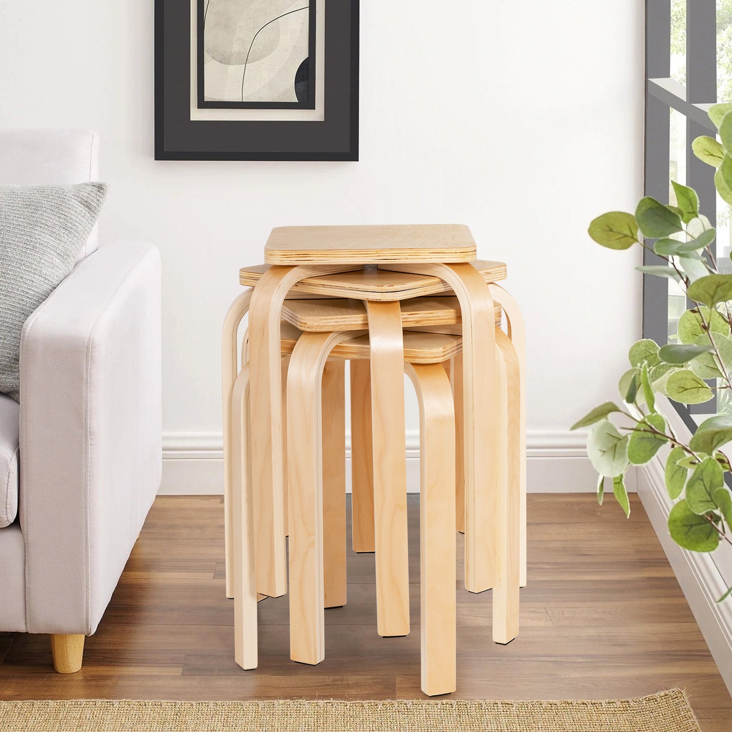 Square Wooden Stools Set of 4 with Anti-Slip Pads