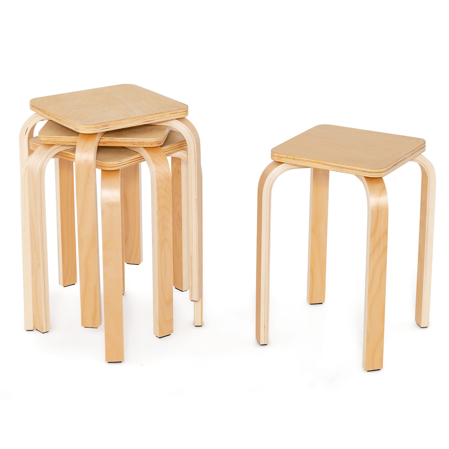 Square Wooden Stools Set of 4 with Anti-Slip Pads